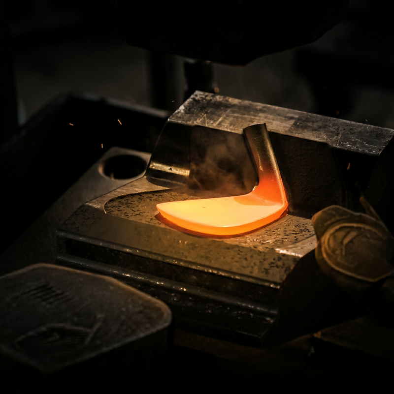 Hot metal IOMIC Golden Ratio Wedge being worked on in a forge