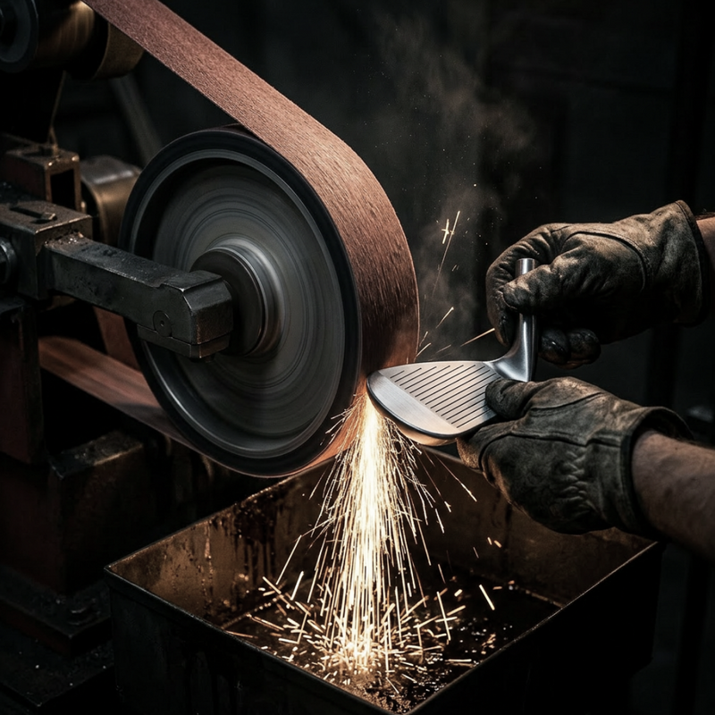 Machinist using a belt sander on IOMIC GR wedge with sparks flying, wearing protective gloves.
